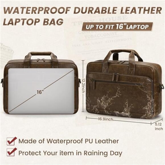 Mens Leather Laptop Bag 16 Inch Briefcase Messenger Crossbody Work Bag Office - Picture 3 of 7